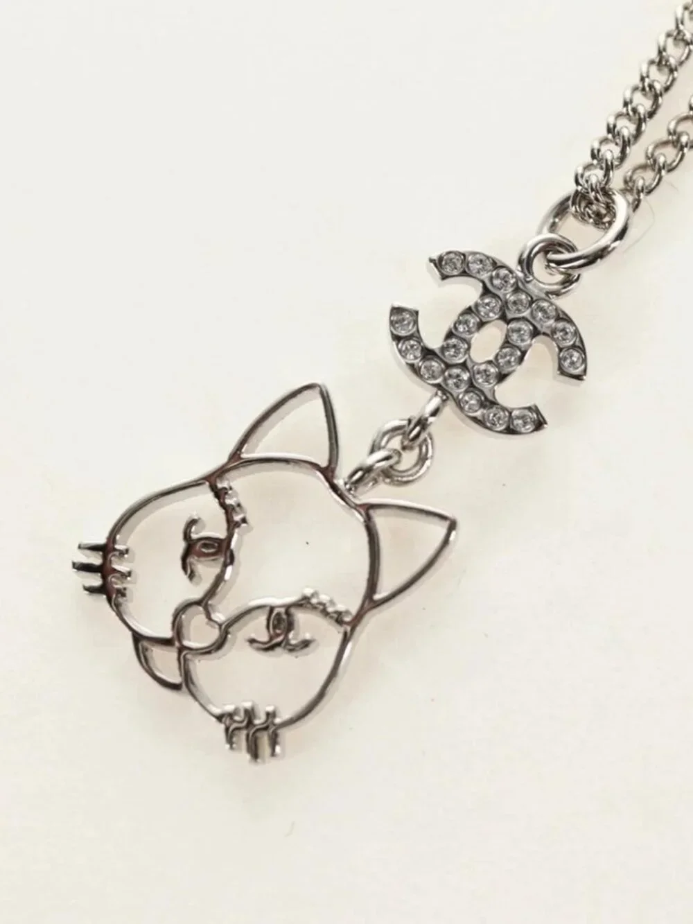 CHANEL COCO Mark Cat Necklace metal Silver CC Auth 184248M